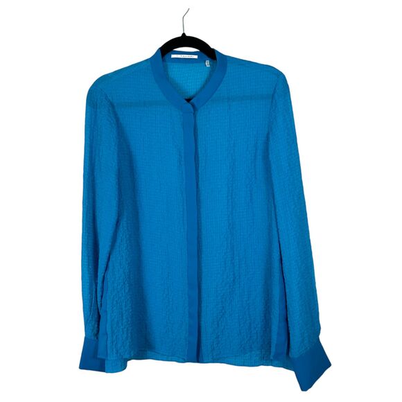 T Tahari Sheer Teal Blue Long Sleeve Hidden Button Blouse Size Medium - Picture 1 of 7